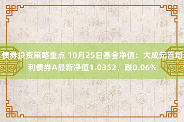 债券投资策略重点 10月25日基金净值：大成元吉增利债券A最新净值1.0352，跌0.06%